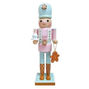Wooden Christmas Nutcracker,14",GINGERBREAD MAN IN PINK W/GINGERBREAD & CAKE,ATH